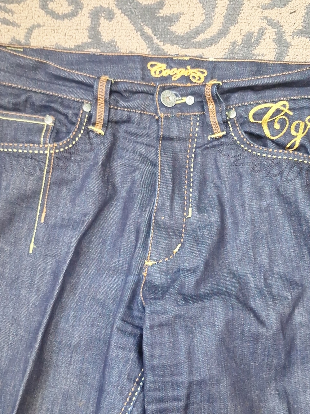 COOGI Men's Dark Blue Straight Jeans with Gold Stitching 34 X 34